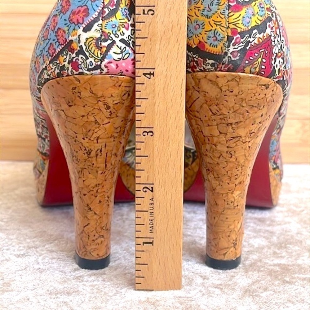 Unlisted Kenneth Cole Paisley Print Cork Heels Peep Toe Pumps Bows Leather Sole - Picture 7 of 15